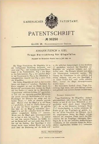 Original Patentschrift - Essgefäße Tragevorrichtung , 1897 , J. Flesch in Kiel !!!