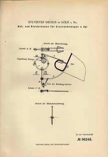 Original Patentschrift - S. Hecker in Köln , 1897 , Kleiderhaken für Eisenbahn Waggon !!!