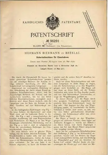 Original Patentschrift - Eisenbahn Sicherheitsschiene , 1896 , H. Biermann in Breslau !!!