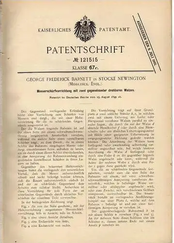 Original Patentschrift - Messerschärfvorrichtung mit Walzen , 1899, G. Barnett in Stocke Newington !!!