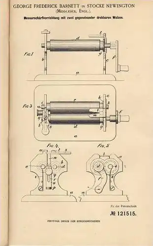 Original Patentschrift - Messerschärfvorrichtung mit Walzen , 1899, G. Barnett in Stocke Newington !!!