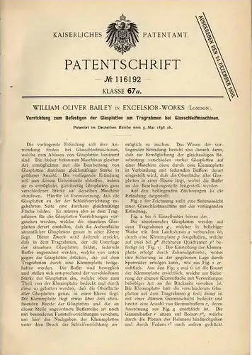 Original Patentschrift - W. Bailey in Excelsior - Works , London , 1898 , Glasschleifmaschine , Glas , Glaserei !!!