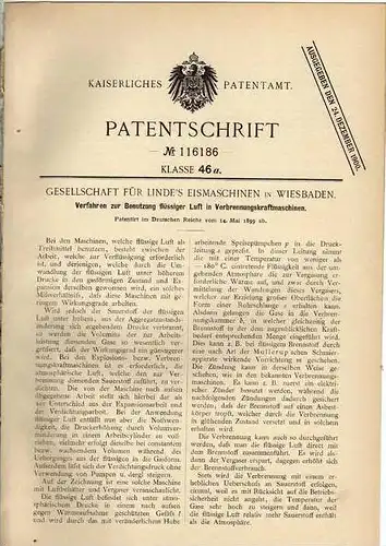 Original Patentschrift - Linde`s Eismaschinen in Wiesbaden , 1899, Verbrennungsmaschine mit flüssiger Luft !!!