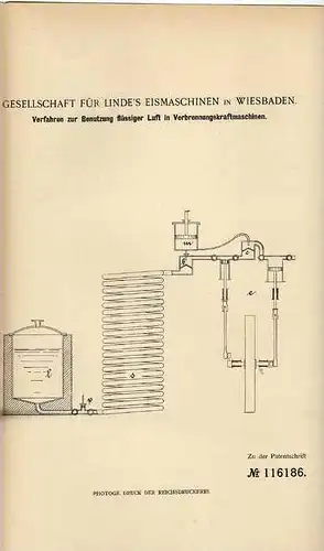 Original Patentschrift - Linde`s Eismaschinen in Wiesbaden , 1899, Verbrennungsmaschine mit flüssiger Luft !!!