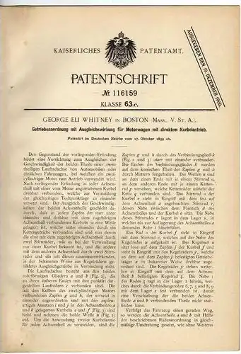 Original Patentschrift - G. Whitney in Boston , 1899 , Getriebeanordnung für Motorwagen , Getriebe !!!