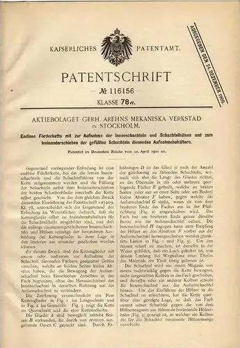 Original Patentschrift - Mekaniska Verkstad in Stockholm , 1900, endlose Förderkette !!!