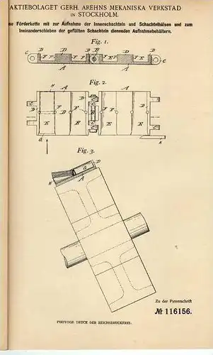 Original Patentschrift - Mekaniska Verkstad in Stockholm , 1900, endlose Förderkette !!!