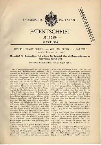 Original Patentschrift - J. Ollier in Salford , Lancester , 1898, Kehlmaschine , Messerkopf !!!