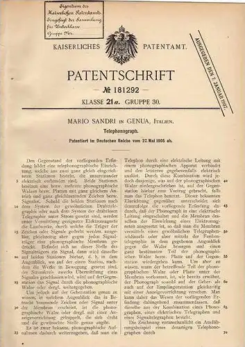 Original Patentschrift - Telephonograph , 1905, M. Sandri in Genua , Italien , Telephon , Telegraphie , telegraphy !!!