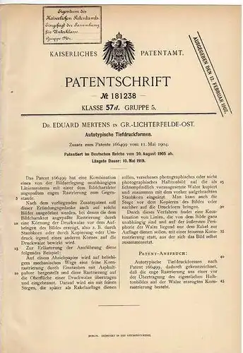 Original Patentschrift - Dr. Mertens in Gr. Lichterfelde , 1905 , Druckform , Druckerei , Setzerei , Buchdruck !!!