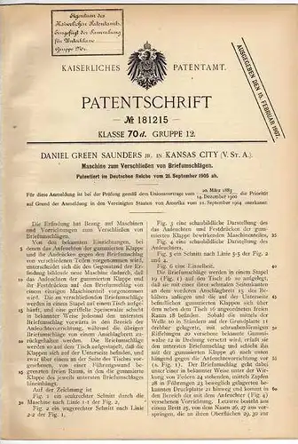 Original Patentschrift - Maschine für Briefumschläge , Brief , 1905 , D. Saunders in Kansas City , USA !!!