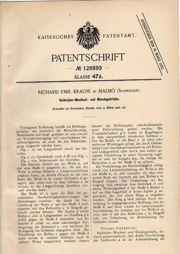 Original Patentschrift - R. Krause in Malmö , 1901 , Reibräder Wechsel- und Wendegetriebe , Getriebe !!!