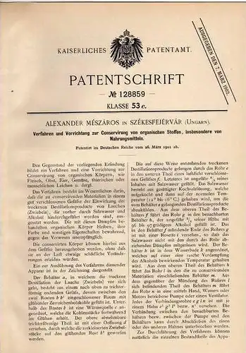 Original Patentschrift - A. Meszaros in Szekesfejervar , 1901 , Konservierung von organischen Stoffen  !!!