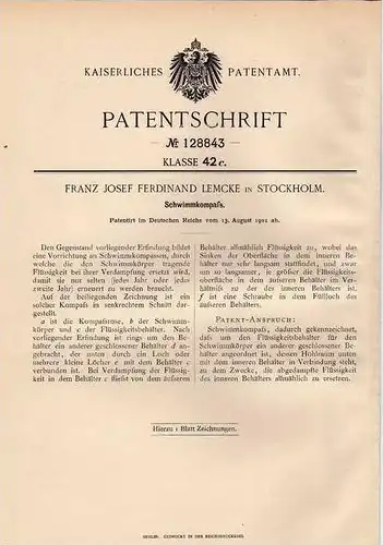 Original Patentschrift - F. Lemcke in Stockholm , 1901, Kompass , Schwimmkompaß !!!