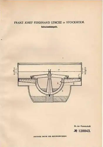 Original Patentschrift - F. Lemcke in Stockholm , 1901, Kompass , Schwimmkompaß !!!
