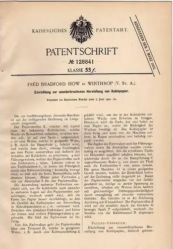 Original Patentschrift - F. How in Winthrop , USA , 1901 , Maschine für Kohlepapier Herstellung !!!