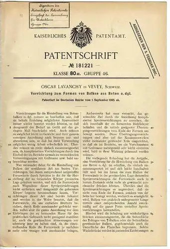 Original Patentschrift - O. Lavanchy in Vevey , 1905 , Balken aus Beton , Bau , Architektur !!!