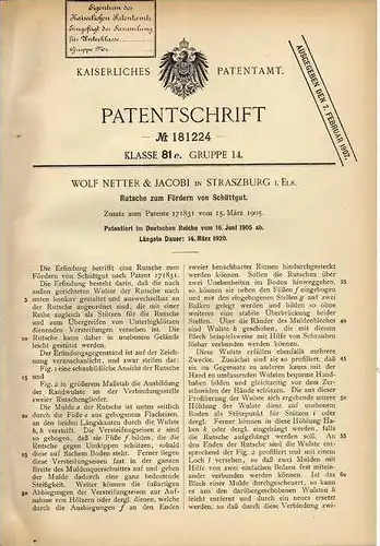 Original Patentschrift -  Netter & Jacobi in Strassburg , 1905, Rutsche für Schüttgut !!!