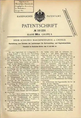 Original Patentschrift - H. Schroers in Crefeld , 1905, Kopiermaschine , Kartenschlagmaschine !!!