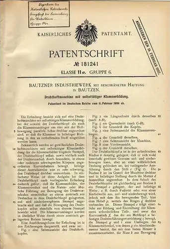 Original Patentschrift - Industriewerk Bautzen , 1906 , Drahtheftmaschine !!!
