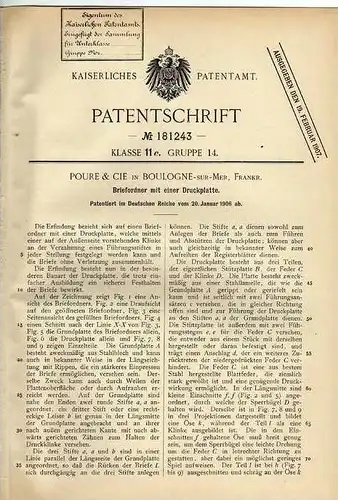 Original Patentschrift - Poure & Cie in Boulogne sur Mer , 1906 , Briefordner mit Druckplatte , Buerau !!!
