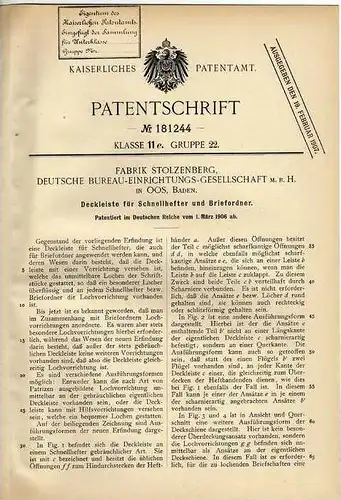 Original Patentschrift - Fabrik Stolzenberg in Oos , Baden , 1906 , Schnellhefter , Briefordner , Büro !!!