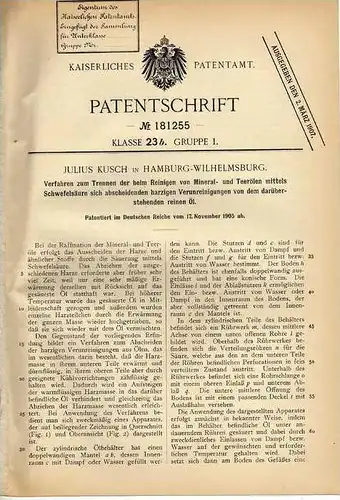 Original Patentschrift - J. Kusch in Hamburg - Wilhelmsburg , 1905, Reinigung von Öl , Filter , Katalysator !!!