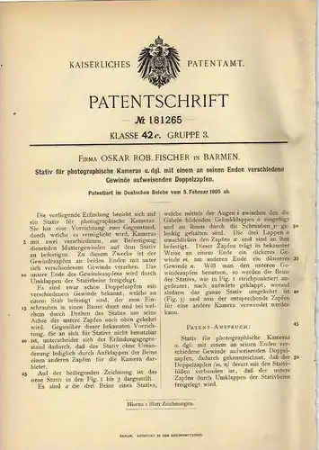 Original Patentschrift - Fa. O. Fischer in Barmen , 1905 , Stativ für Kamera , Photographie , Fotoapparat !!!