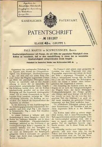 Original Patentschrift - P. Martin in Schwetzingen , Baden 1905, Tachometer , Geschwindigkeitsmesser mit Pumpe , Tacho !