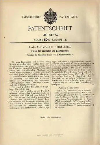Original Patentschrift - C. Schwarz in Heidelberg , 1905 , Brennofen , Kühltrommel !!!