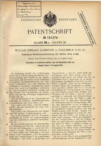 Original Patentschrift - fahrbarer Bagger , Förderband , 1903 , Bergbau , Bergwerk , W. Hamilton in Columbus , USA !!!