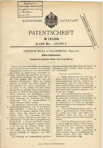 Original Patentschrift - T- Wulf in Valkenburg , Holland , 1906 , Bifilar - Elektrometer !!!