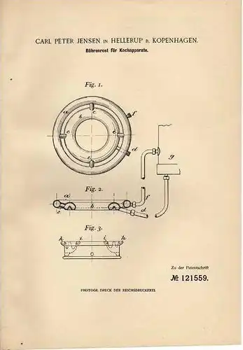 Original Patentschrift - C. Jensen in Hellerup b. Kopenhagen , 1900, Kochherd , Herd , Röhrenrost , Küche !!!