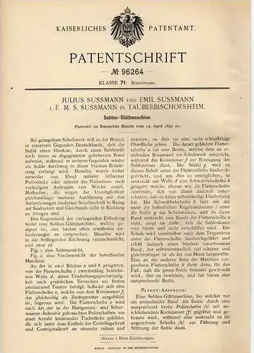 Original Patentschrift - J. Sussmann in Tauberbischofsheim , 1897, Sohlenglättmaschine , Schuster , Schuhe !!!