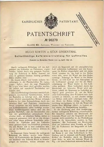 Original Patentschrift - H. Korten in Köln - Lindenthal , 1897 , Pumpvorrichtung für Reifen , Fahrrad !!!
