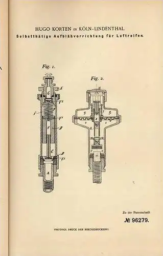 Original Patentschrift - H. Korten in Köln - Lindenthal , 1897 , Pumpvorrichtung für Reifen , Fahrrad !!!