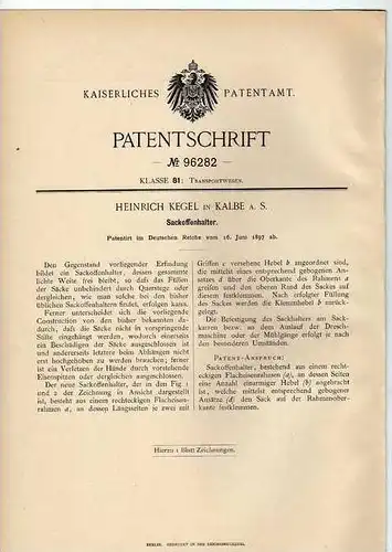Original Patentschrift - H. Kegel in Calbe a. Saale , 1897 , Sackoffenhalter , Sack , Landwirtschaft , Müller !!!
