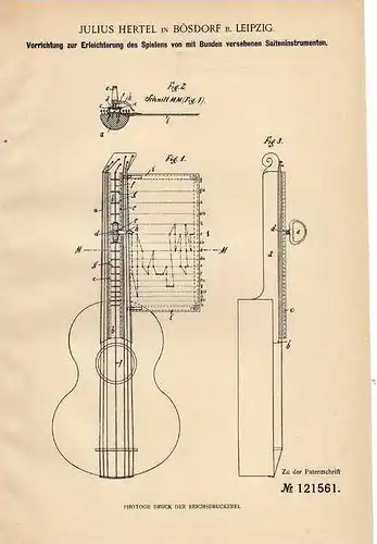 Original Patentschrift - J. Hertel in Bösdorf b. Leipzig , 1900 , Gitarre , Geige , Saiteninstrument !!!