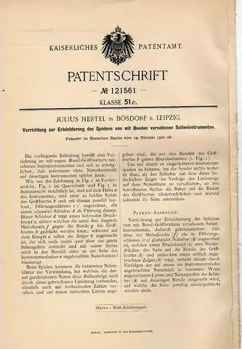 Original Patentschrift - J. Hertel in Bösdorf b. Leipzig , 1900 , Gitarre , Geige , Saiteninstrument !!!