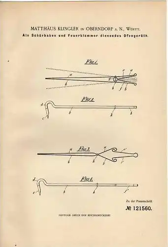 Original Patentschrift - M.Klingler in Oberndorf a.N., 1900 , Feuerkaken , Ofen , Ofengeräth !!!