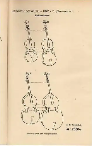 Original Patentschrift - H. Dessauer in Linz a. D, 1901, Geige , Violine , Stradivari  !!!