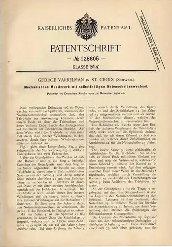 Original Patentschrift - G. Varrelman in St. Croix , 1900, Drehorgel , Musikwerk , Musik  !!!