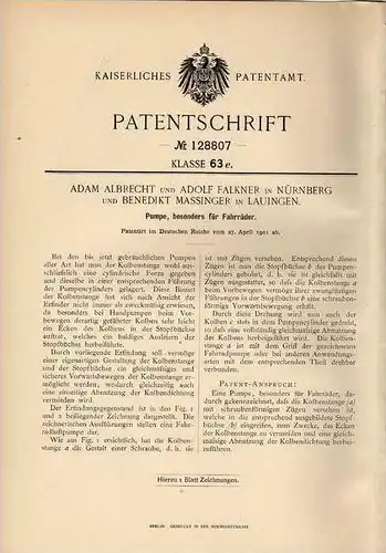 Original Patentschrift - A. Falkner in Lauingen und Nürnberg , 1901 , Luftpumpe , Pumpe für Fahrrad !!!