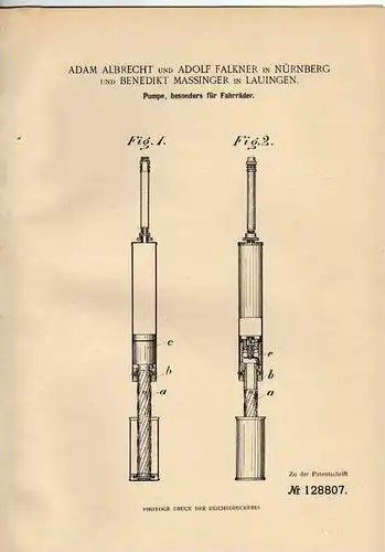 Original Patentschrift - A. Falkner in Lauingen und Nürnberg , 1901 , Luftpumpe , Pumpe für Fahrrad !!!