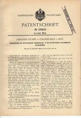 Original Patentschrift - J. Stumpf in Colonie Balz b. Vietz / Witnica , 1900 , Schiebefenster , Fenster , Fensterbau !!!