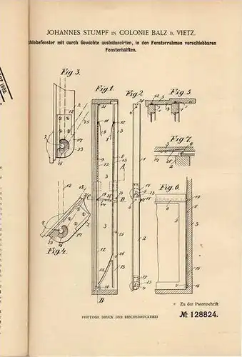 Original Patentschrift - J. Stumpf in Colonie Balz b. Vietz / Witnica , 1900 , Schiebefenster , Fenster , Fensterbau !!!