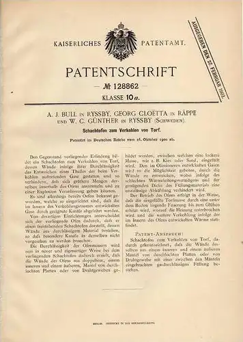 Original Patentschrift -A. Bull in Ryssby und Räppe , 1900 , Ofen zum Verkohlen von Torf !!!