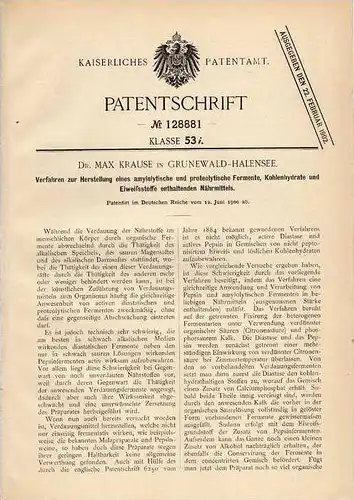 Original Patentschrift - Dr. Krause in Grunewald - Halensee , 1900 , Nährmittel , Lebensmittel , Ernährung  !!!