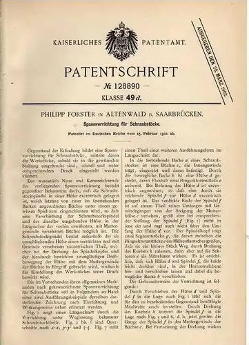 Original Patentschrift - P. Forster in Altenwald b. Saarbrücken , 1901 , Schraubstock , Werkstatt !!!