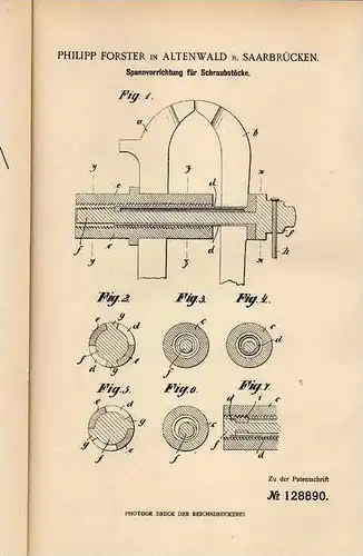 Original Patentschrift - P. Forster in Altenwald b. Saarbrücken , 1901 , Schraubstock , Werkstatt !!!